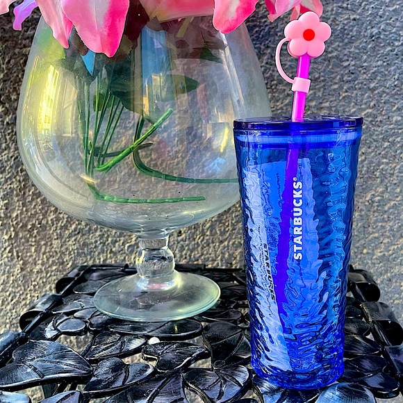 ❌LAST❌ New💙🌸 Starbucks glass tumbler cup + pink Sakura straw topper - Picture 2 of 6